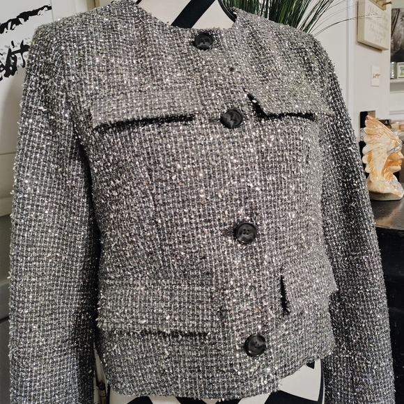 NWT $200 Banana Republic Metallic Tweed Jacket Women's Small Lined Gray Silver - Picture 4 of 13